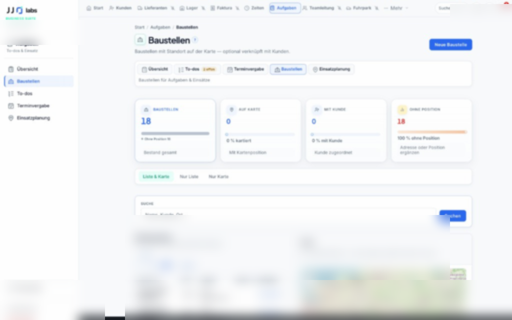 JJO-Labs Business Suite — Baustellen- und Aufgabenübersicht